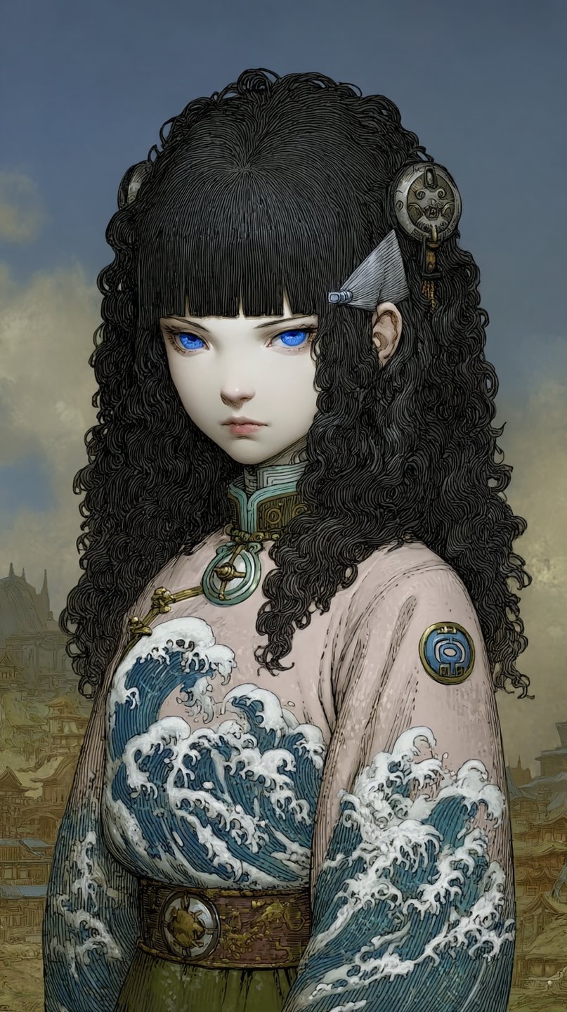 Detailed portrait of a young girl with voluminous dark curls and striking blue eyes, dressed in a robe adorned with stylized crashing ocean waves.