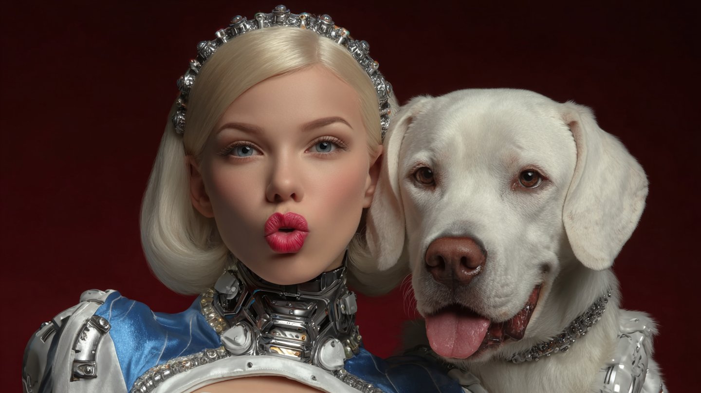 Blonde cyborg woman making a kiss face next to a white dog wearing a metallic tech collar.