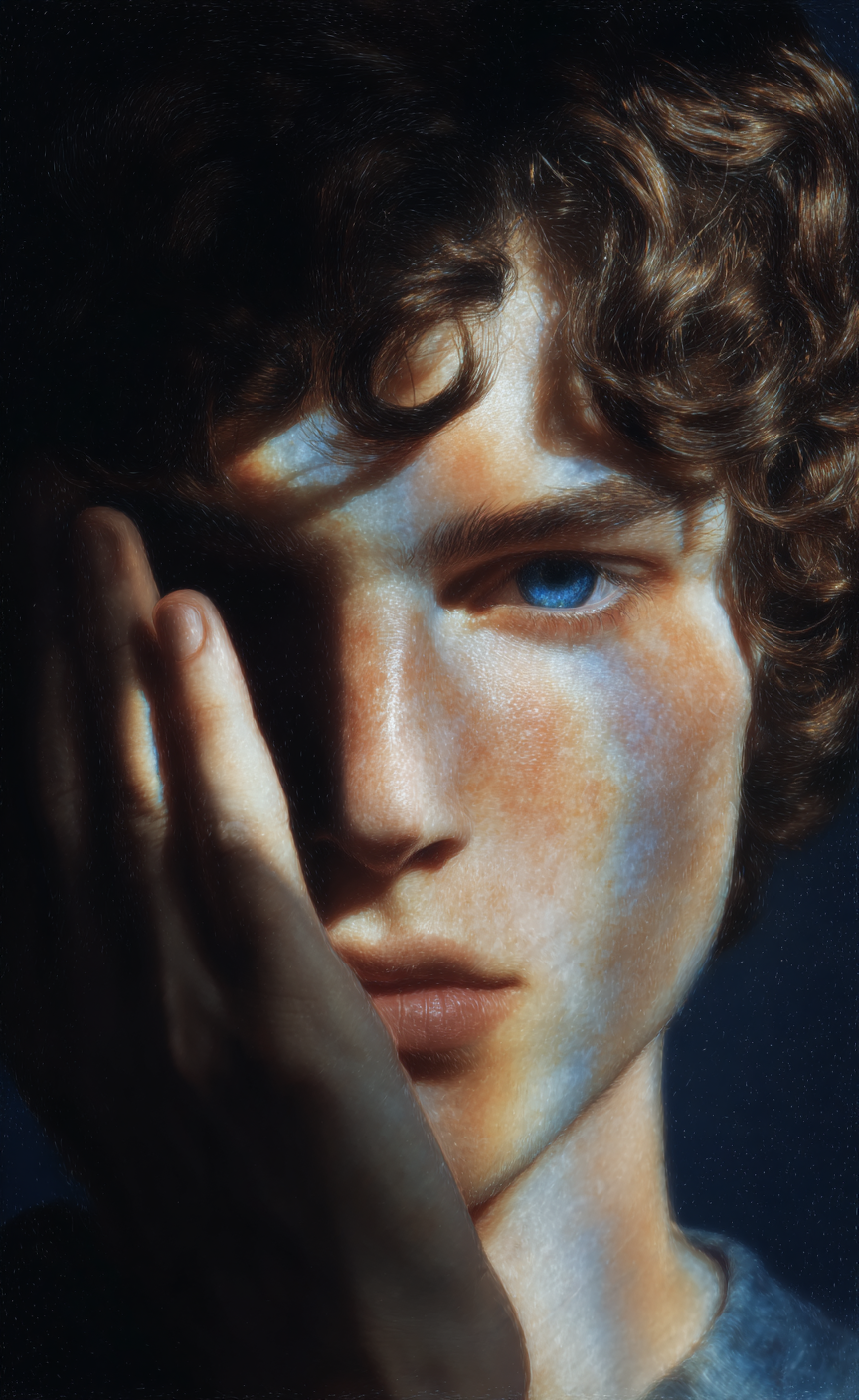 Close-up portrait of a young man with curly hair, blue eyes, and iridescent skin under dramatic lighting.