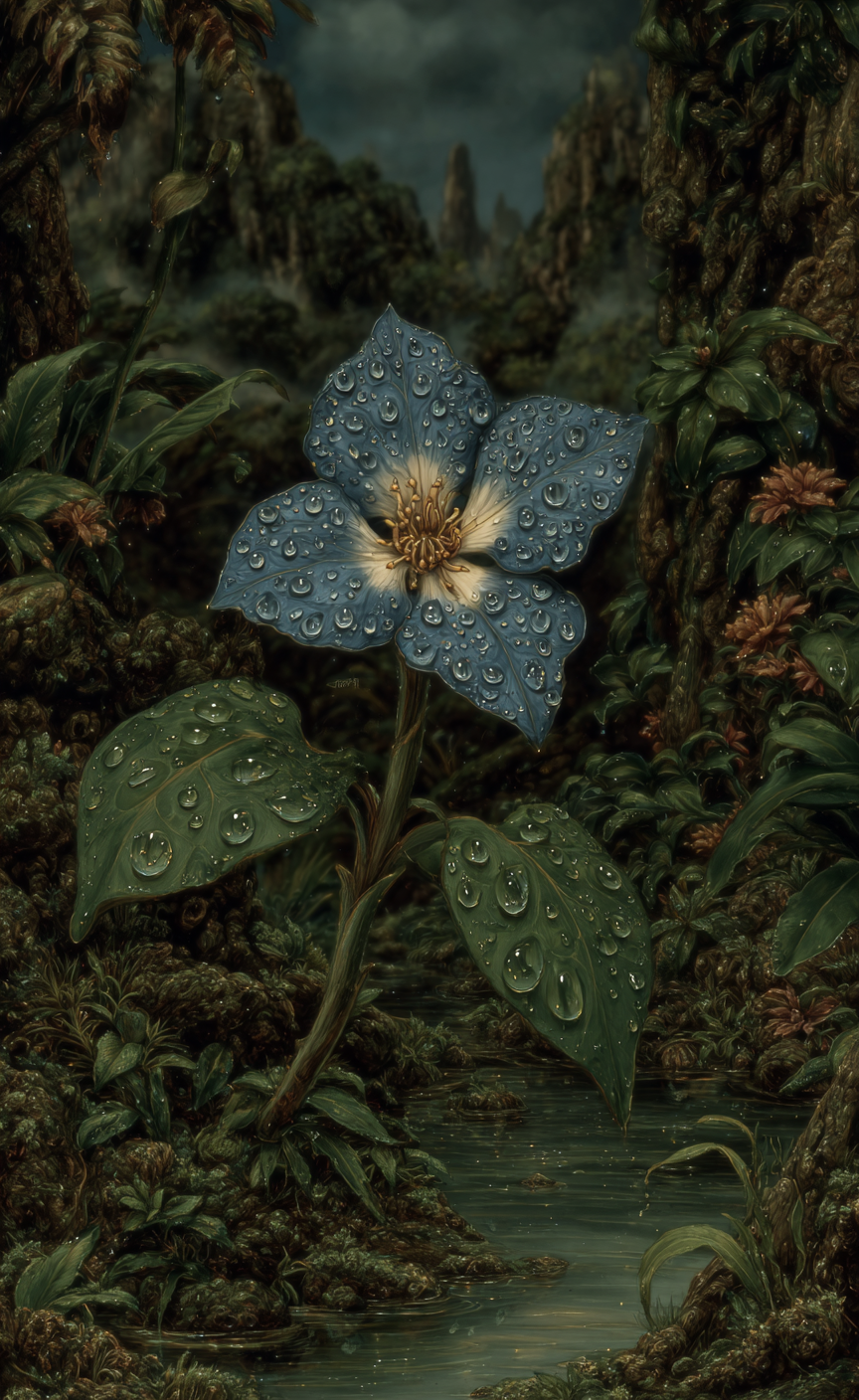 Large blue flower with glistening water droplets stands in a lush, misty forest beside a stream.
