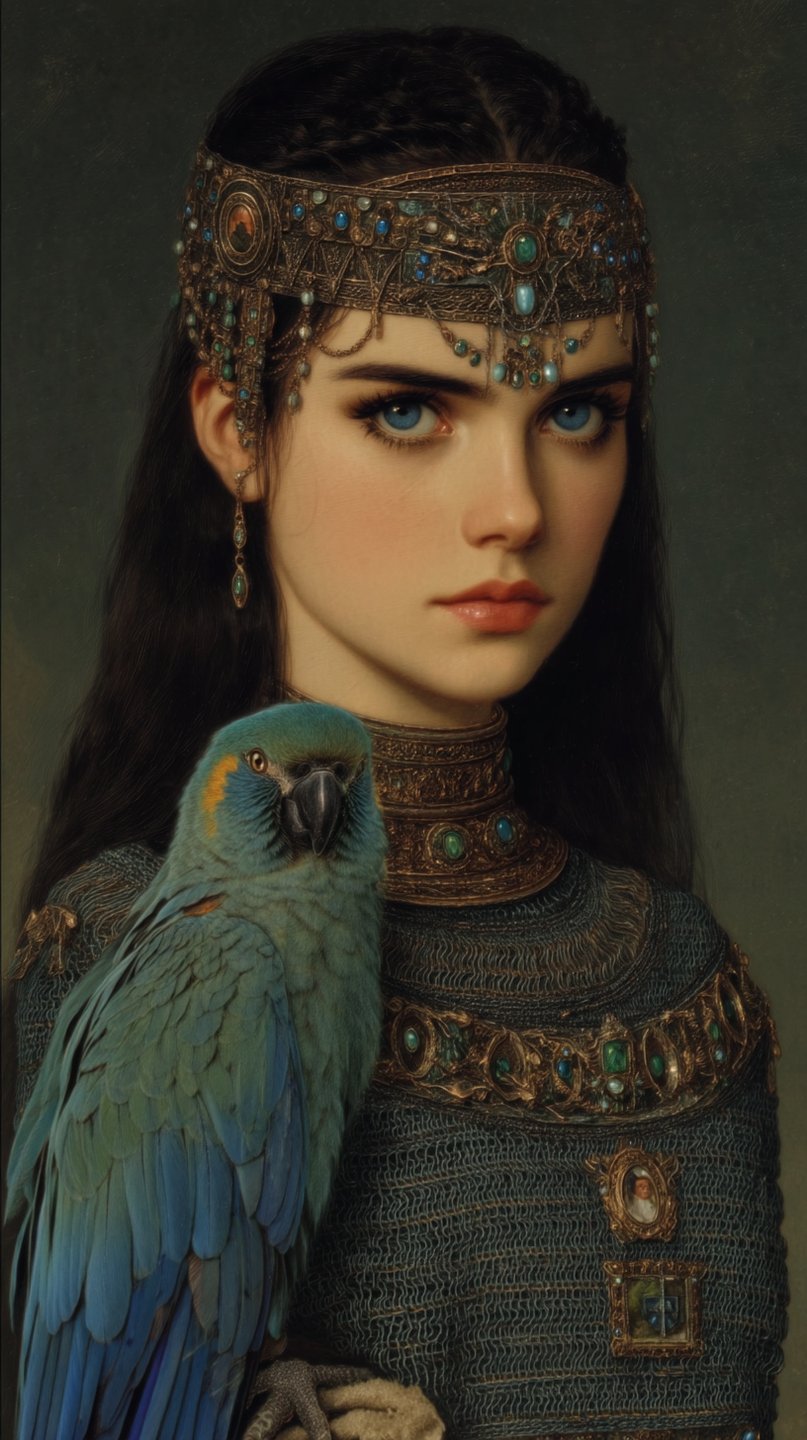 Young noblewoman with blue eyes wearing a jeweled crown and chainmail, with a blue macaw on her shoulder.