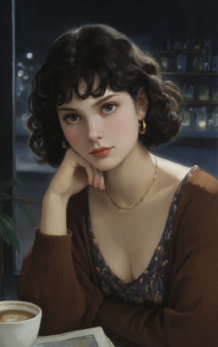 Young woman with dark curly hair rests her chin on her hand in a dimly lit cafe.
