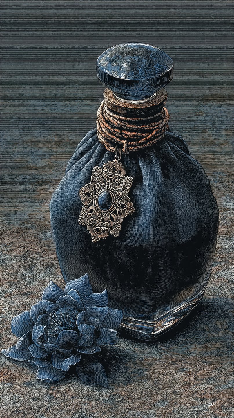 Ornate indigo apothecary bottle with a filigree pendant sitting next to a blue flower on weathered stone.
