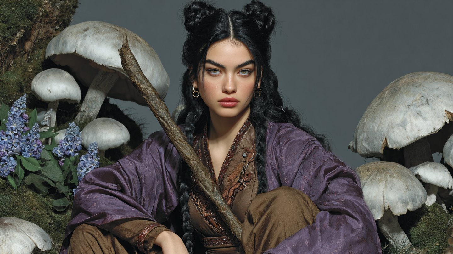 Young woman with braided hair and purple robes holding a wooden staff among oversized white mushrooms.