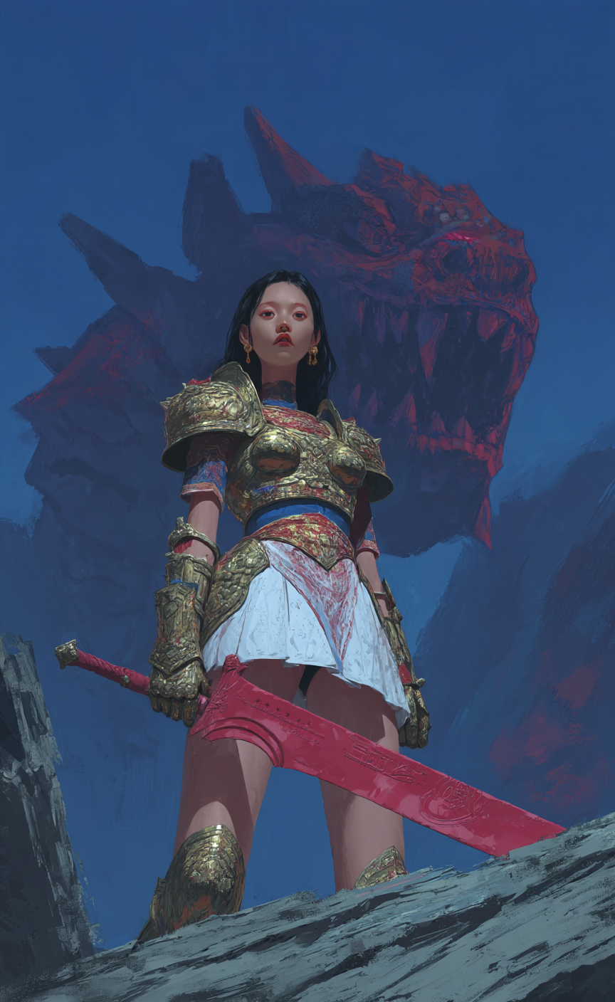 Low-angle digital painting of a female warrior in gold filigree armor holding a massive red claymore before a colossal red dragon's head.
