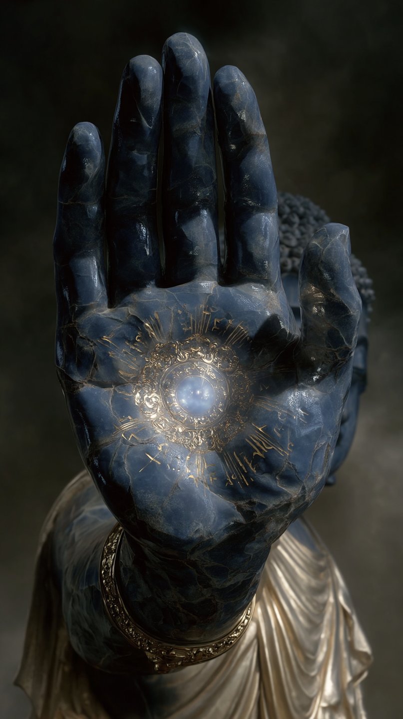 Close-up of a blue marble hand in a protective gesture, showcasing a glowing gold mandala in the palm and detailed gold jewelry and robes.
