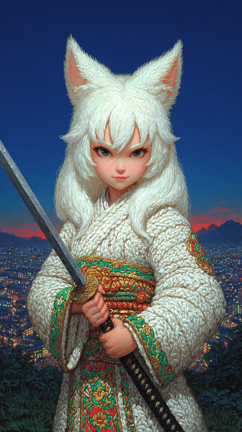 White-furred kitsune warrior in textured robes holding a katana before a distant, glowing twilight city skyline.