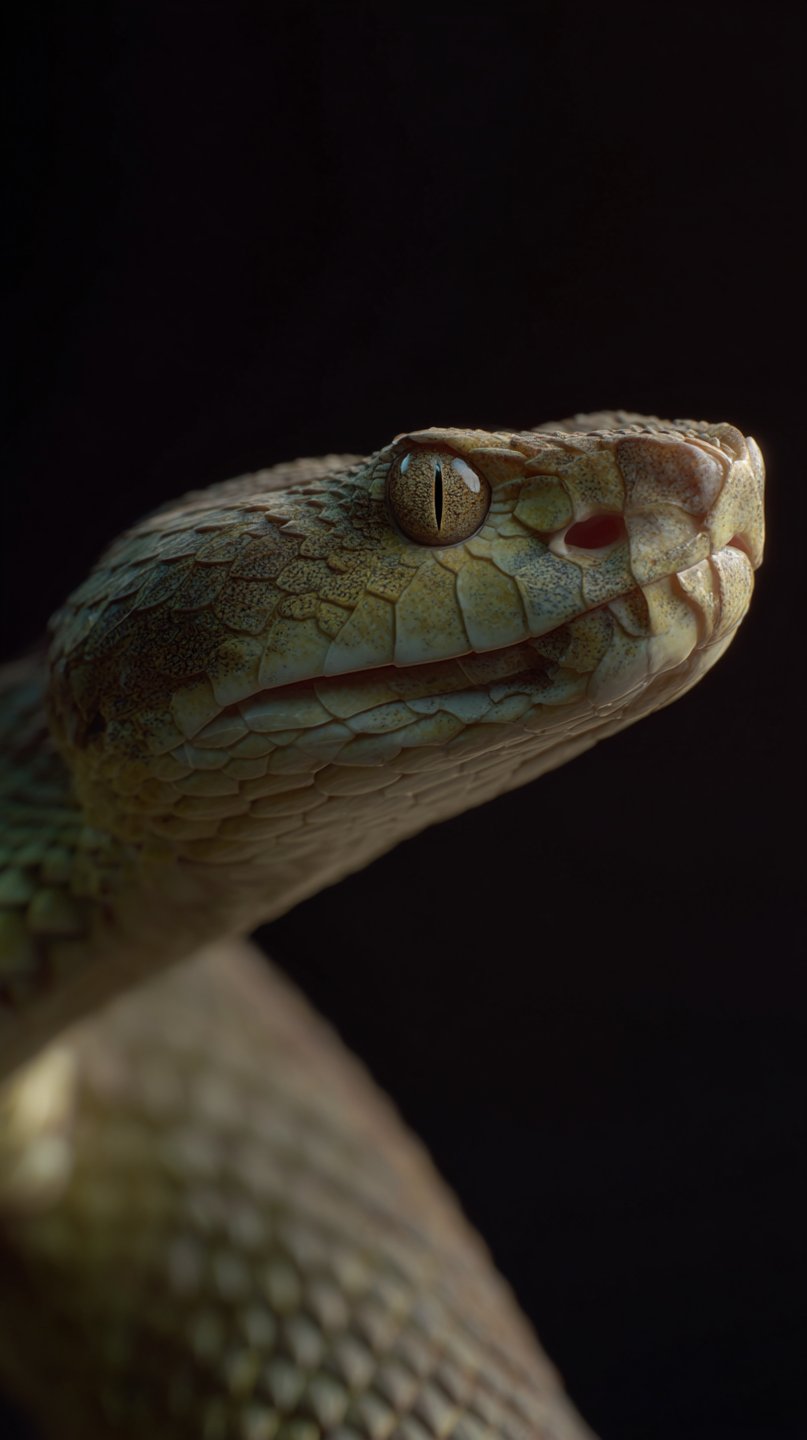 Extreme macro of a viper's head with a golden vertical-slit eye and textured green-brown scales.