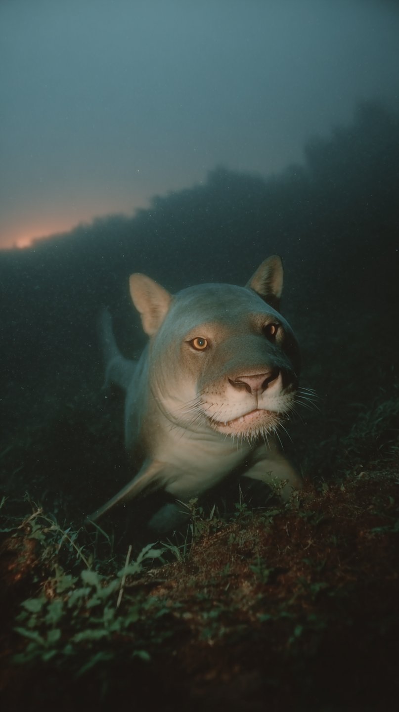A hybrid creature with a lioness head and shark body swims through dark, murky water over mossy ground.