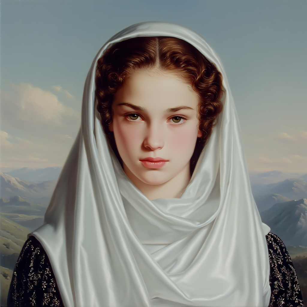 A digital painting of a young woman with coiled brunette hair, draped in a luminous white veil, posing before a hazy mountain range under daylight.