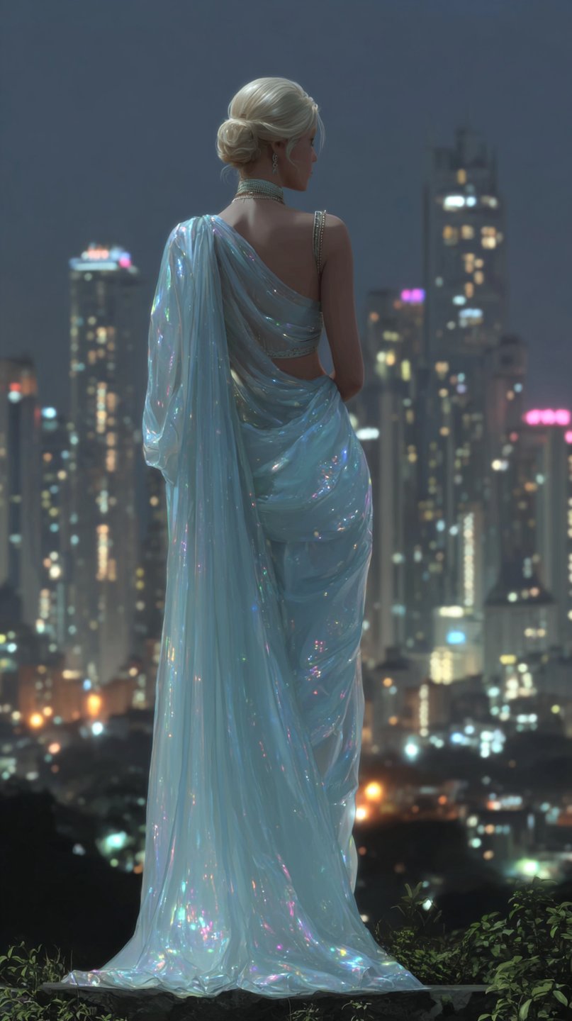 Blonde woman in a shimmering iridescent gown stands on a ledge overlooking a bokeh city skyline at night.