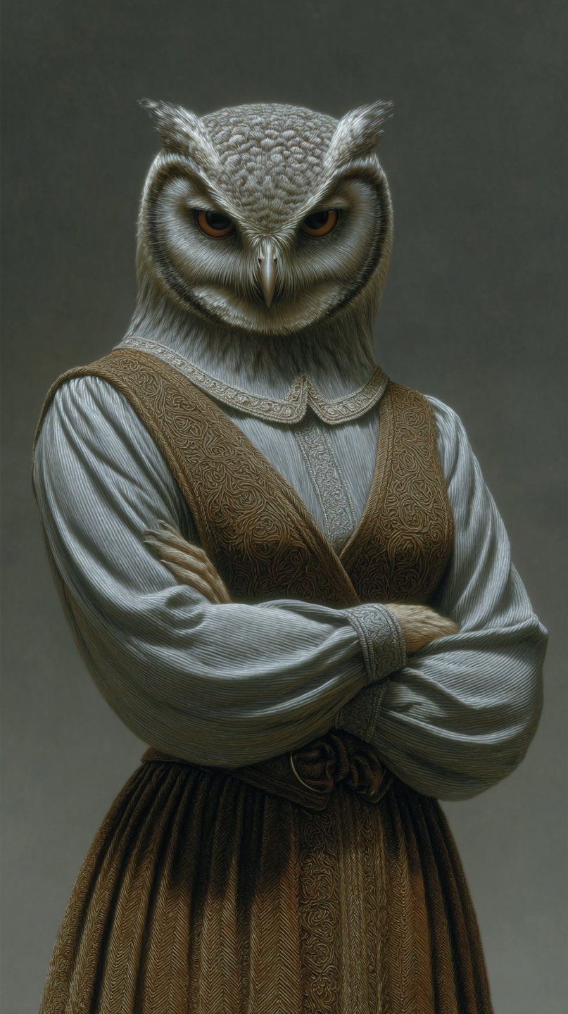 Stern anthropomorphic owl wearing an embroidered Renaissance gown with arms crossed against a neutral grey background.