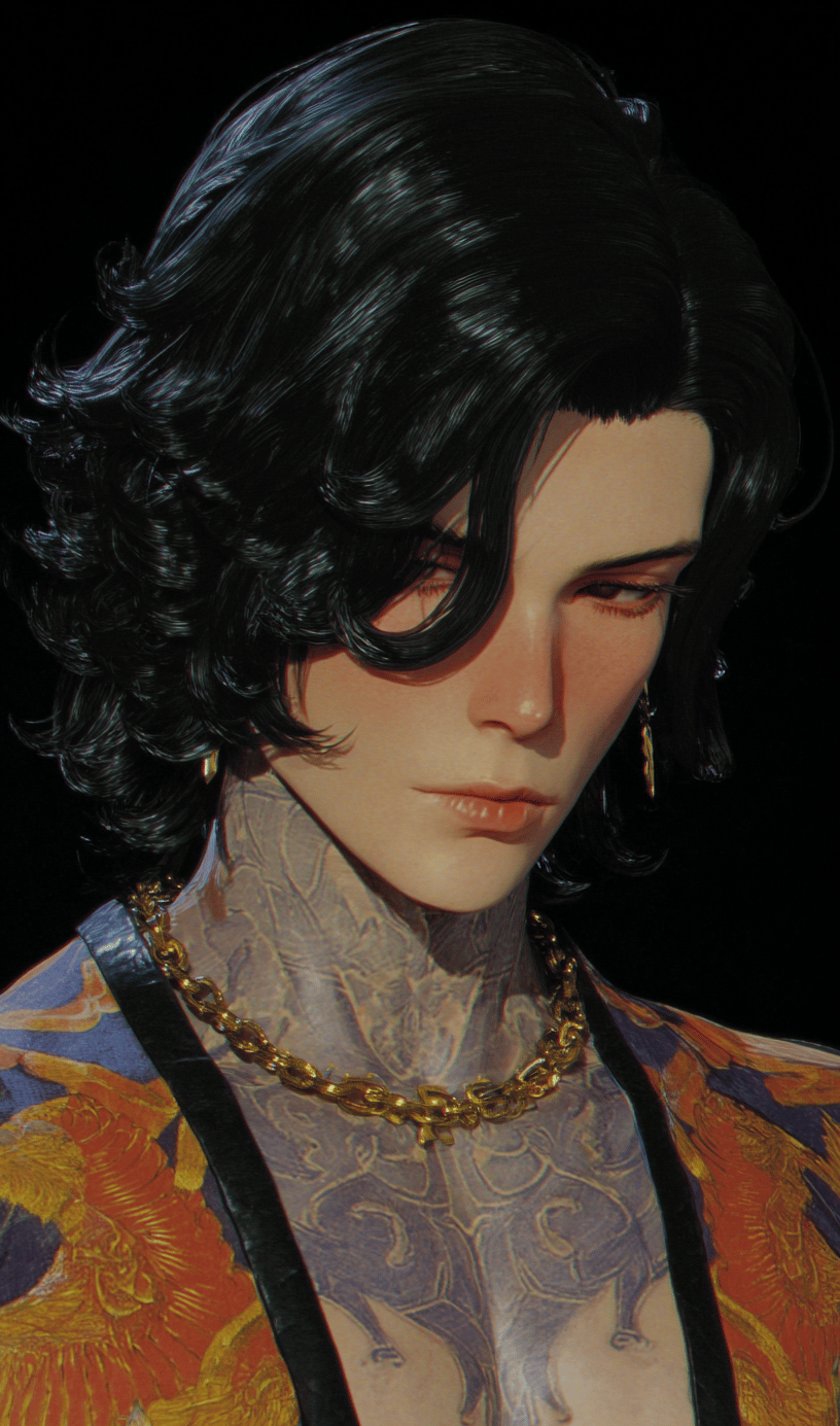 Close-up portrait of a tattooed man with dark wavy hair wearing a gold chain and patterned robe.