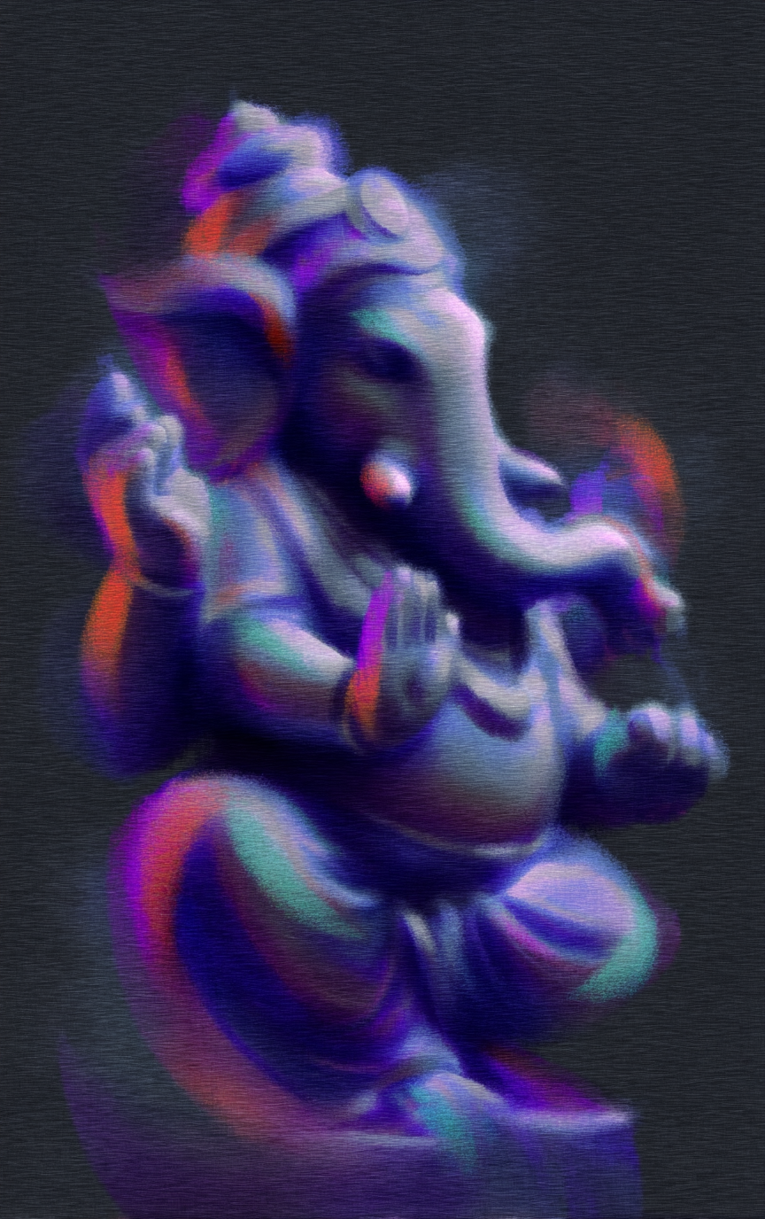 A vibrant digital painting of the Hindu deity Ganesha, rendered with neon purple and cyan hues, featuring chromatic aberration and a textured, painterly finish.