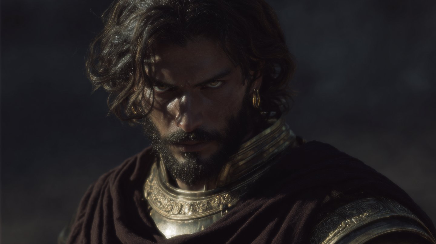 Dark-haired man in ornate gold armor and brown cloak stares intensely under dramatic, high-contrast lighting.