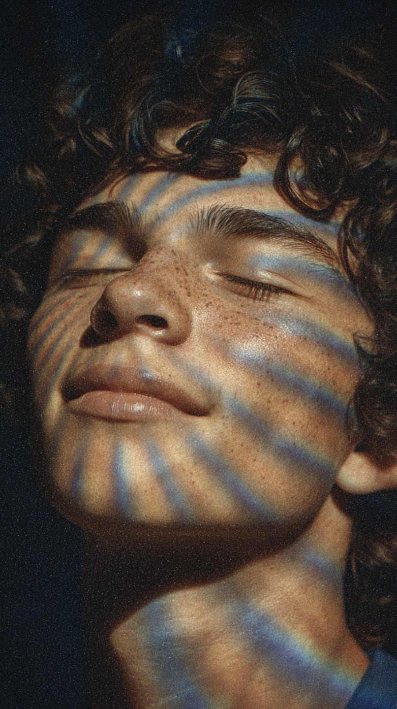 Close-up portrait of a freckled young man with closed eyes under prismatic rainbow light patterns.