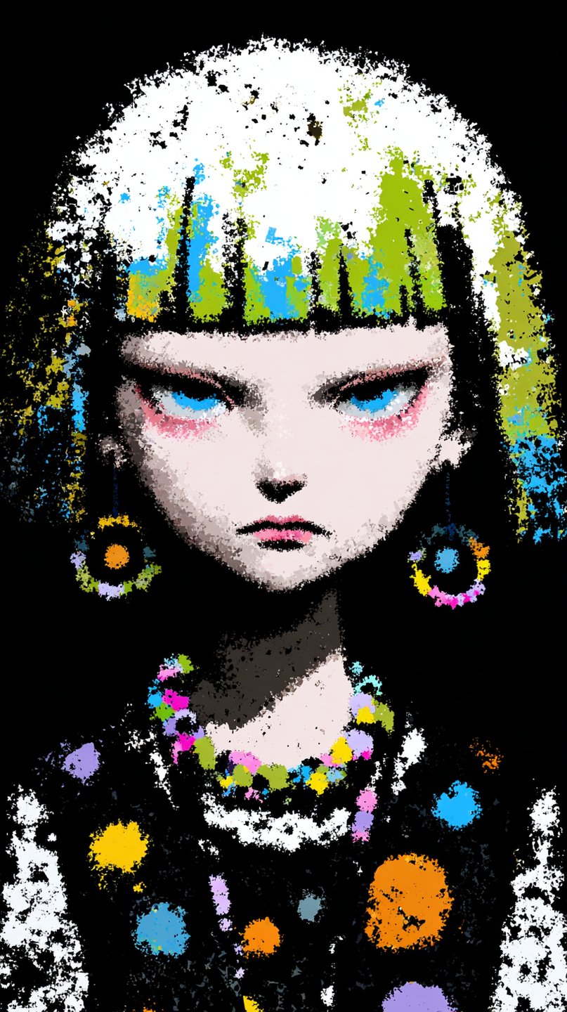 Stylized digital portrait of a defiant teen girl with textured white hair, blue eyes, and colorful jewelry.