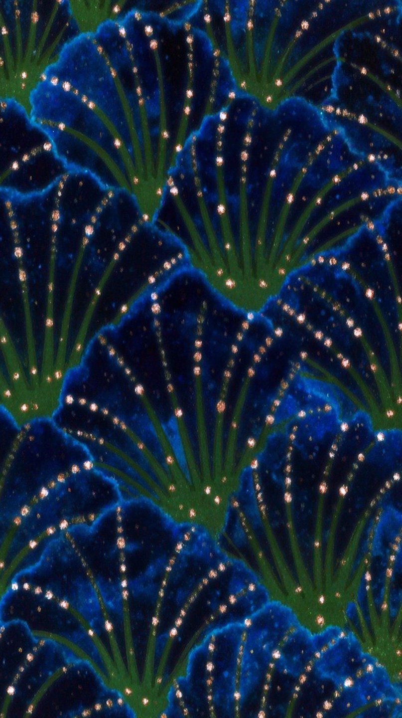 Repeating pattern of indigo velvet fans with emerald stems and sparkling copper dots on a dark background.