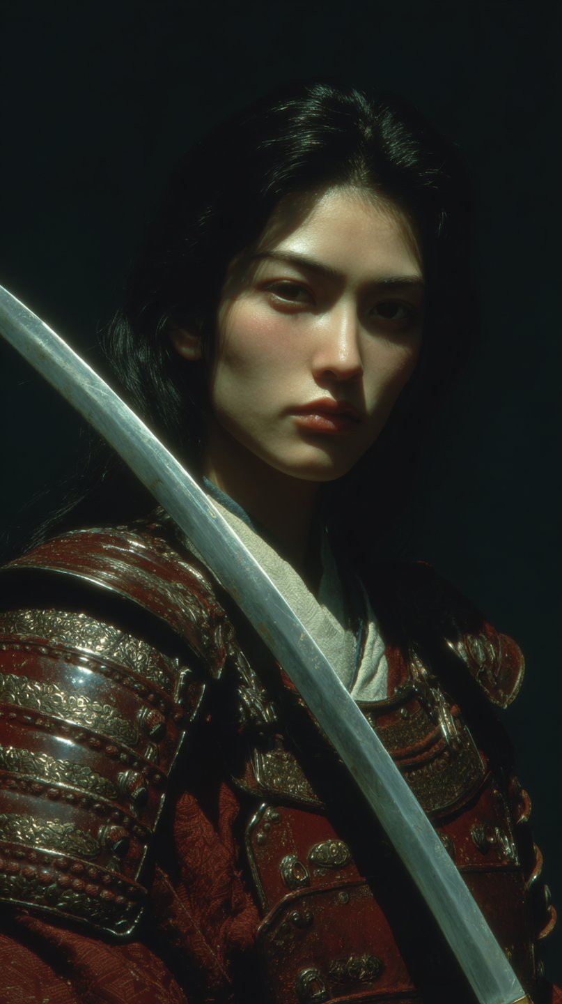 Close-up of a woman in red and gold samurai armor holding a katana across her chest.