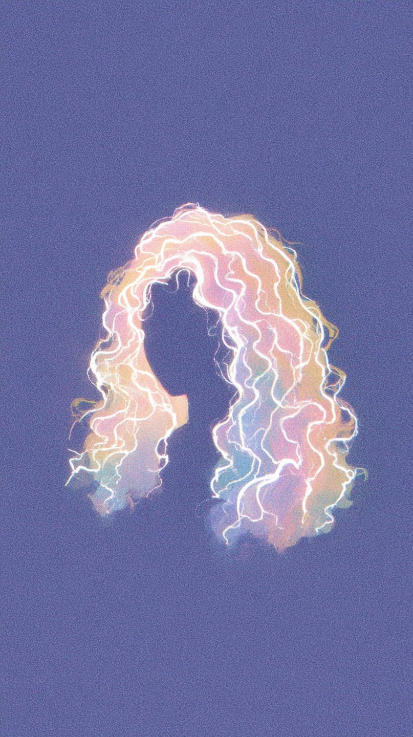 Silhouette of a person with glowing, curly iridescent hair set against a textured purple background.