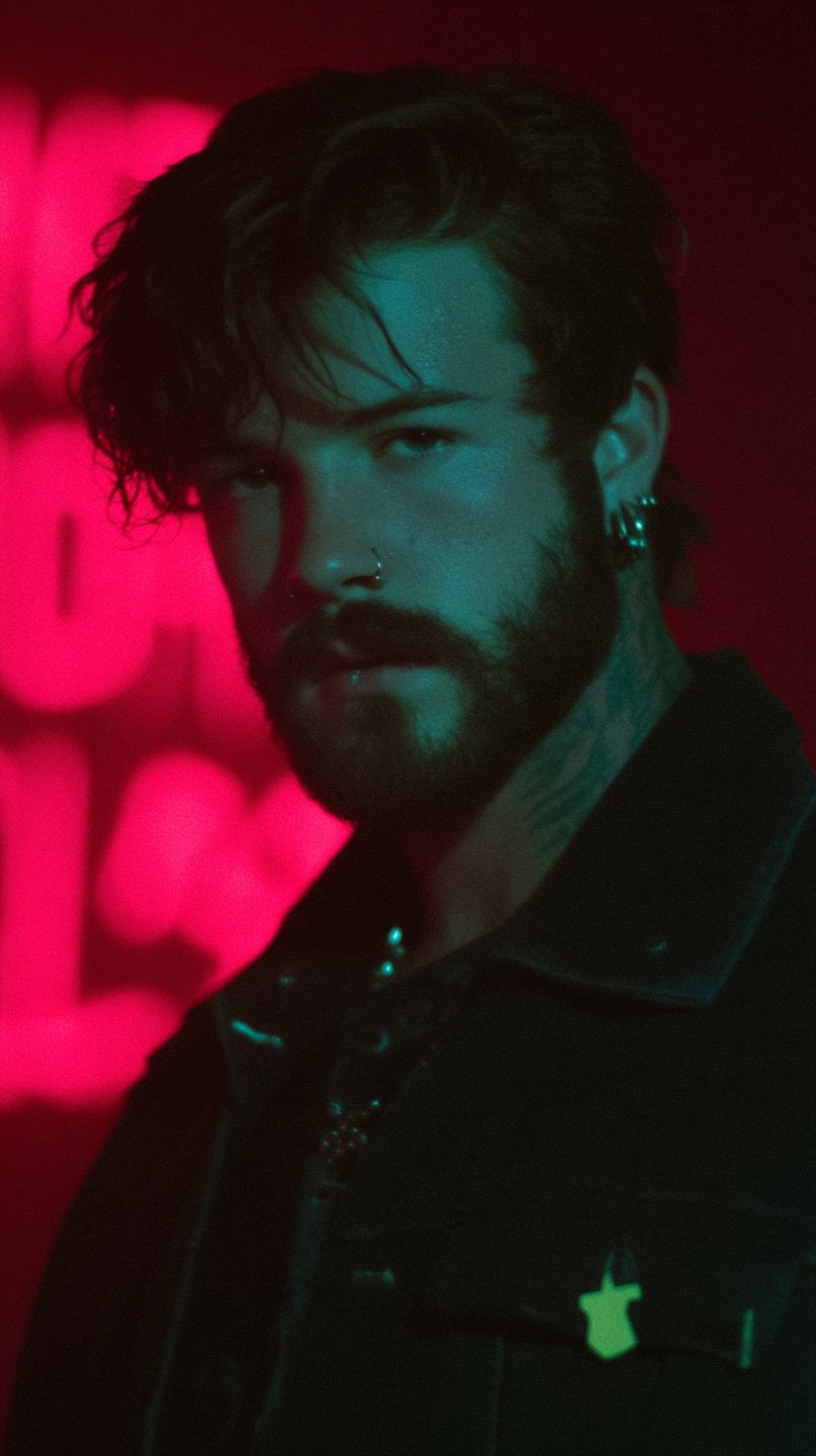 Close-up portrait of a bearded man with nose and ear piercings, illuminated by teal light against a blurry red neon background, wearing a dark jacket.