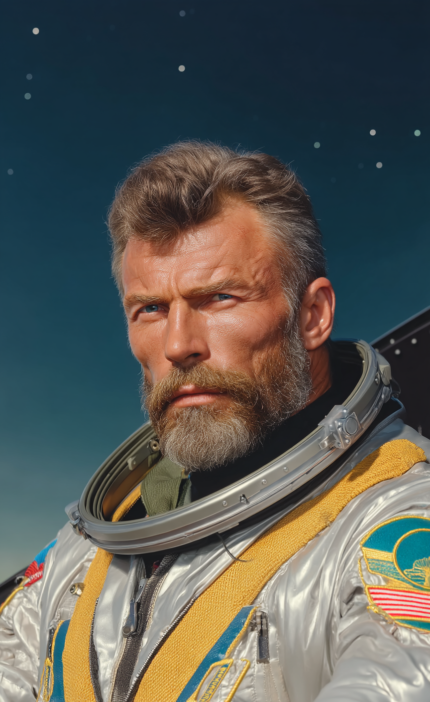 Bearded male astronaut in a silver space suit with yellow webbing against a dark starry sky.