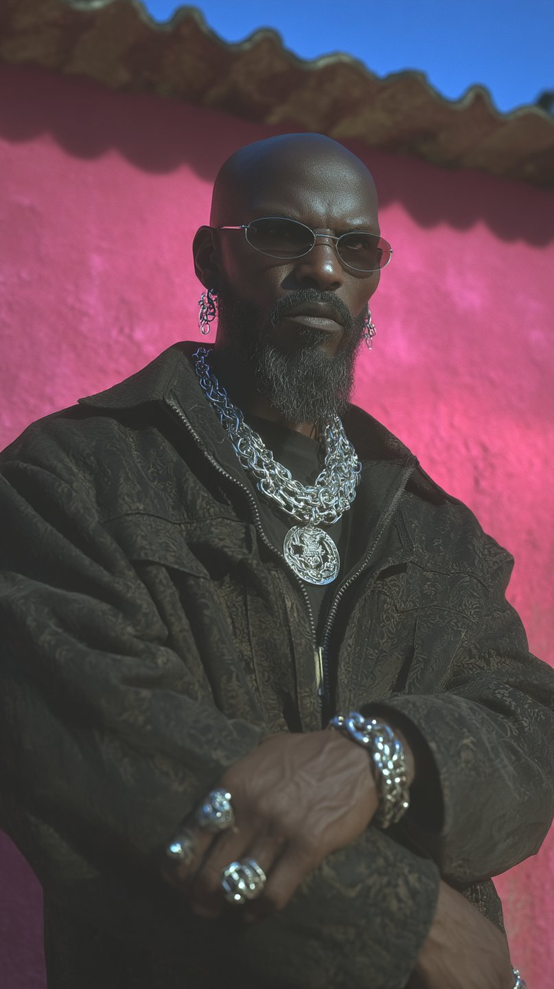 A low-angle editorial portrait of a Black man with a beard wearing heavy silver chains and a textured jacket against a pink wall.