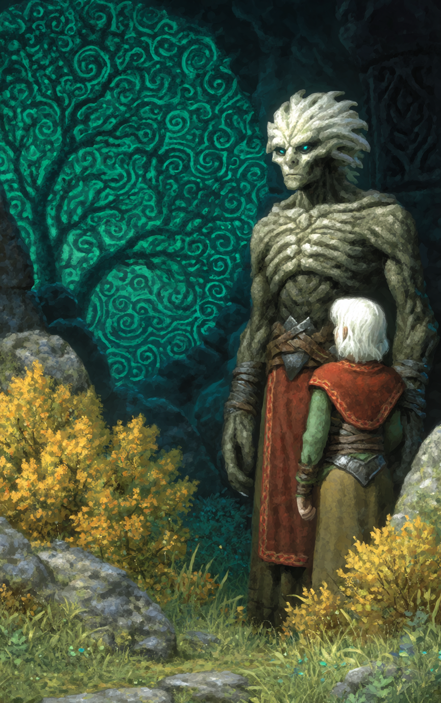 A textured stone creature with glowing eyes stands protectively next to a white-haired child before a vibrant teal spiral-patterned wall in a cave.