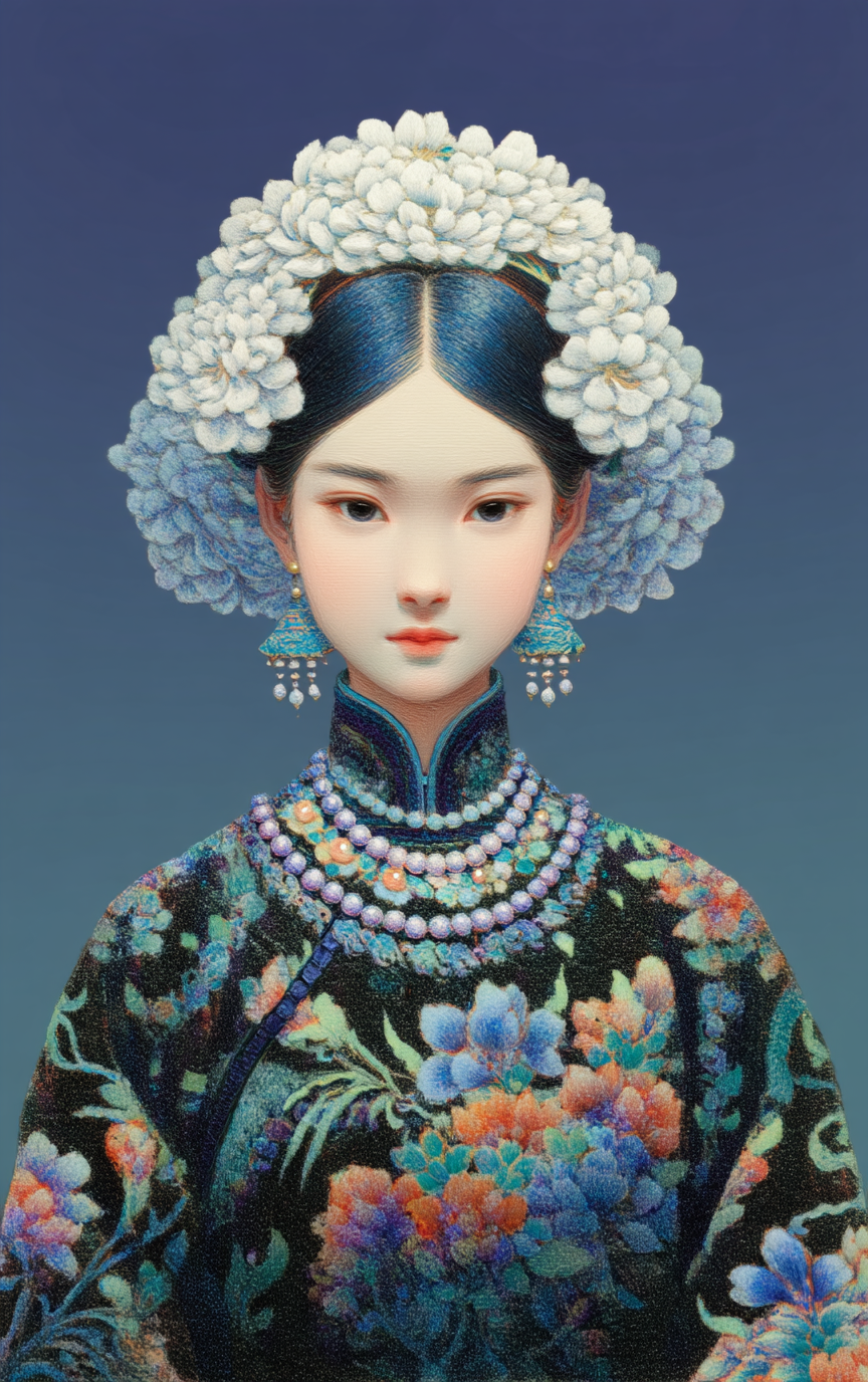 A centered portrait of a woman wearing a dense white floral headpiece, elaborate beaded necklaces, and a dark garment with vibrant orange and blue embroidery.