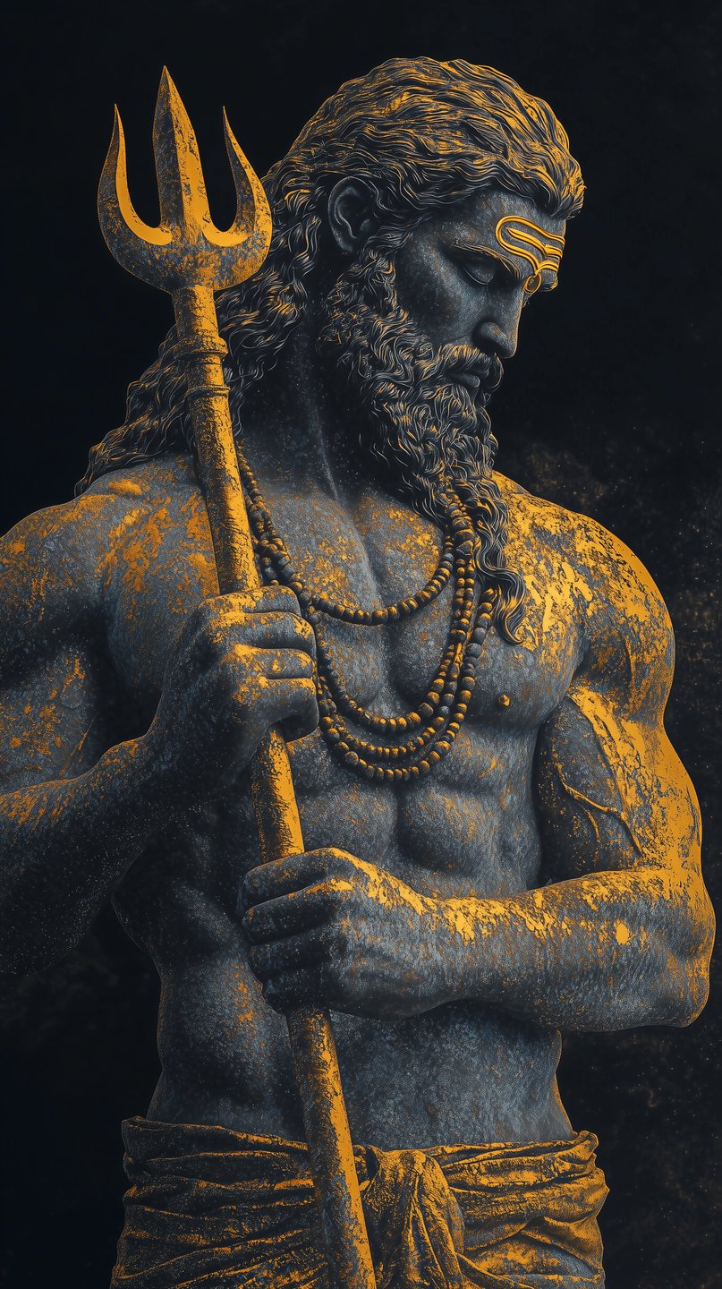 Side-profile digital illustration of Lord Shiva with weathered stone skin and gold accents, holding a trident, wearing Rudraksha beads against a dark, textured background.