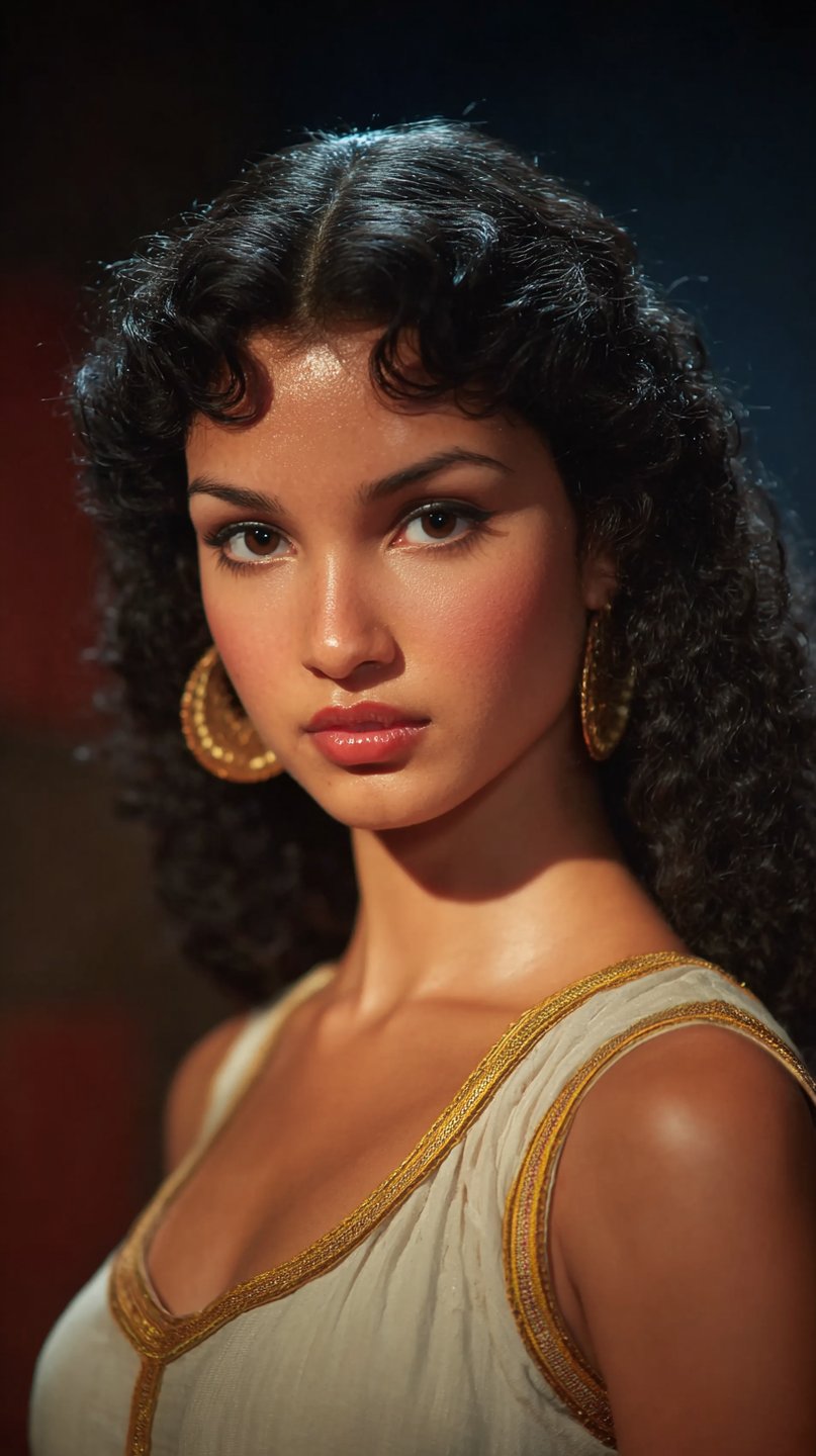 Woman with dark curls and large gold earrings wearing a white linen dress with gold trim.