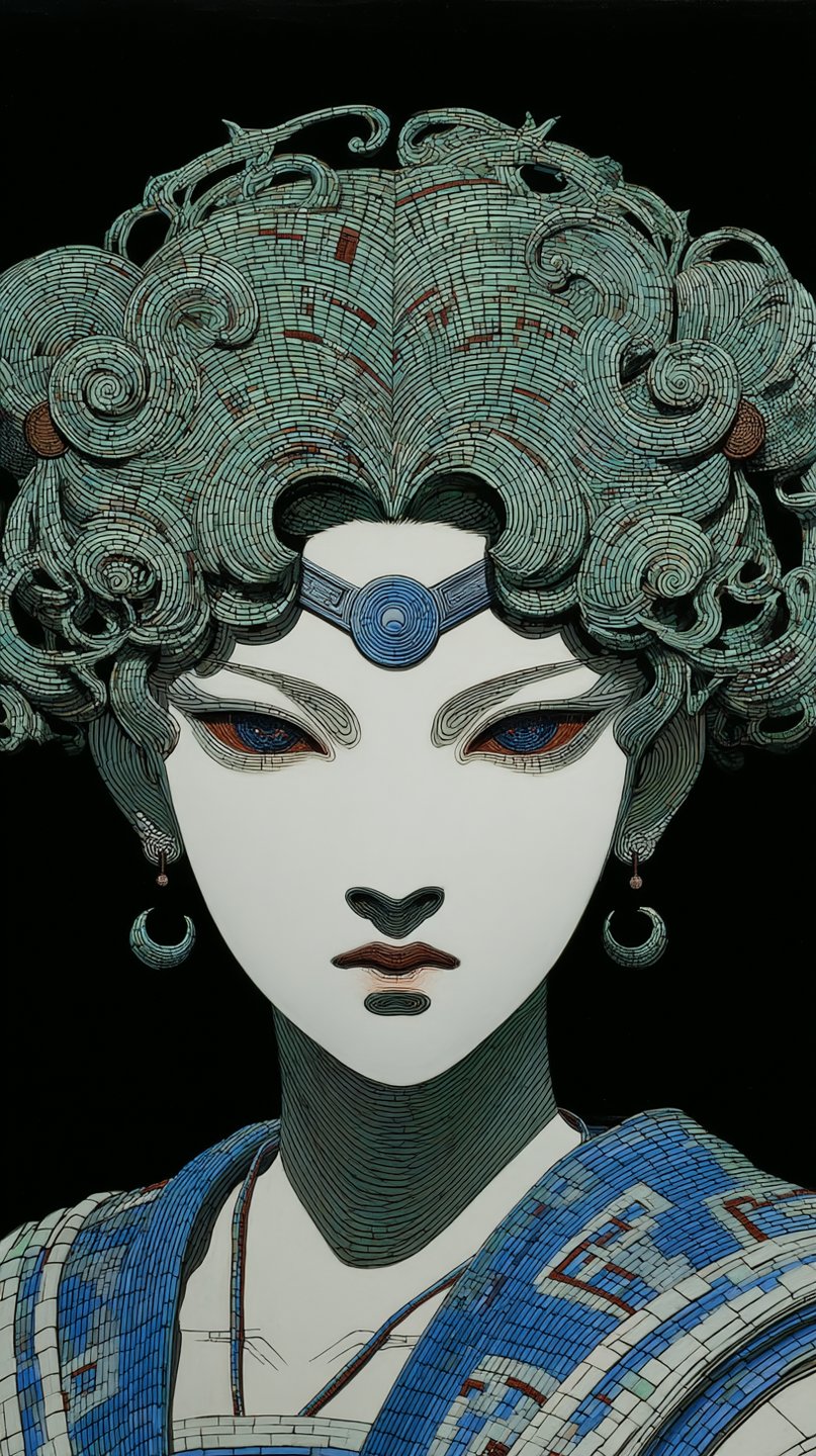 A detailed digital portrait of a woman with pale skin and teal mosaic-textured hair, wearing blue patterned robes, set against a black backdrop.
