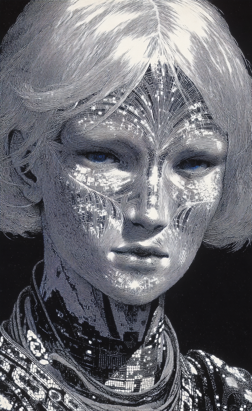 Detailed monochromatic portrait of an android with glowing blue eyes and intricate topographical patterns on skin.
