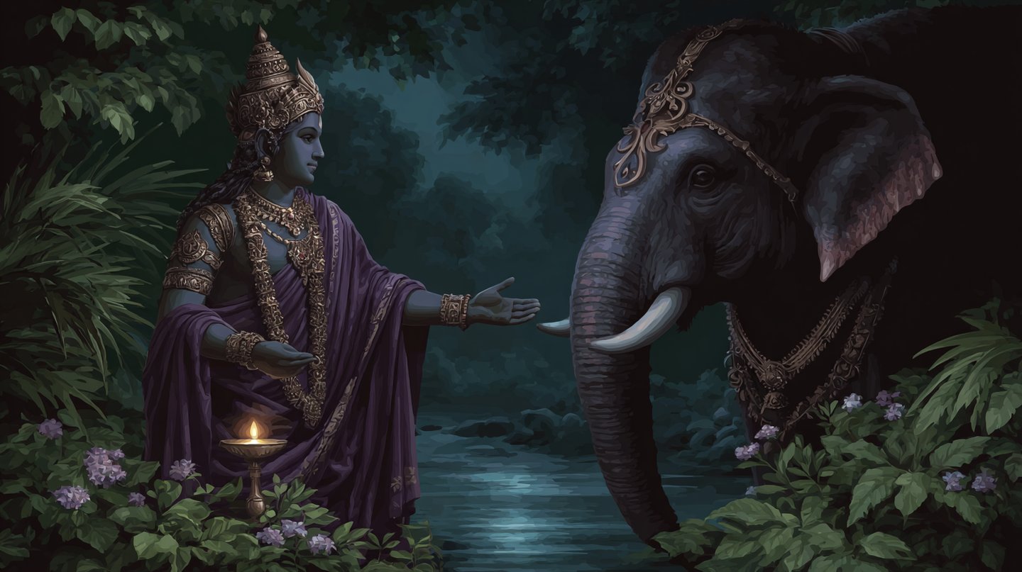A blue-skinned divine figure reaches toward an ornate elephant in a dark, mystical forest with a lamp.