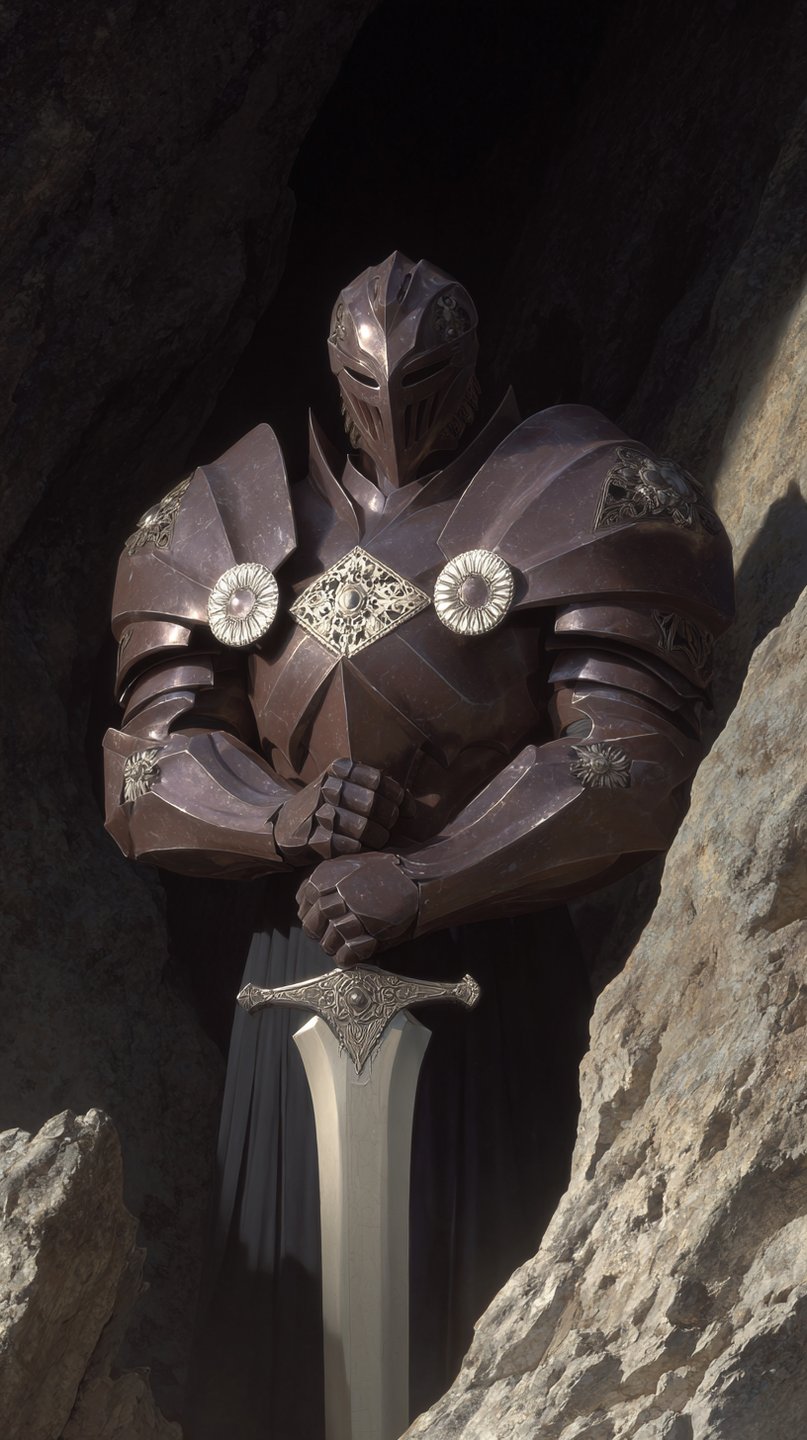 Bronze-armored knight stands within a rocky crevice holding a large broadsword vertically in a stoic, defensive pose.