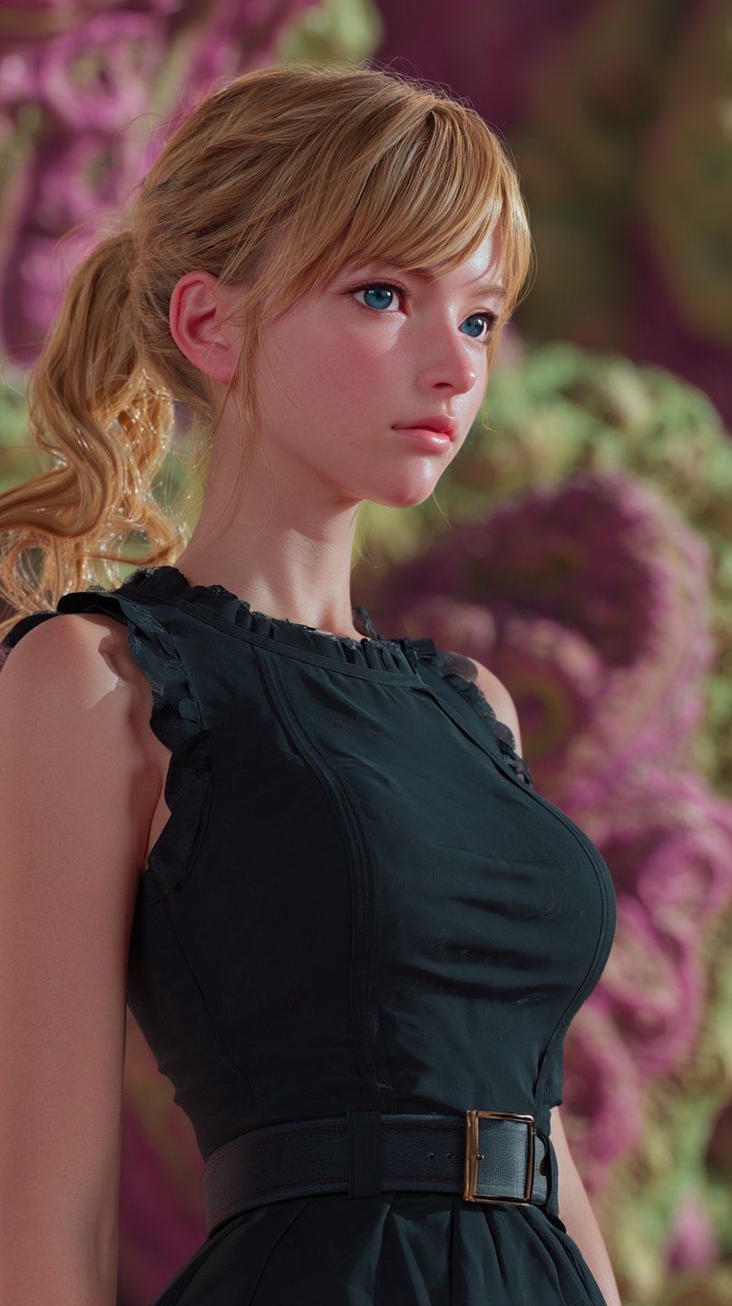 Young blonde woman with blue eyes wearing a black ruffled dress against a colorful blurred background.