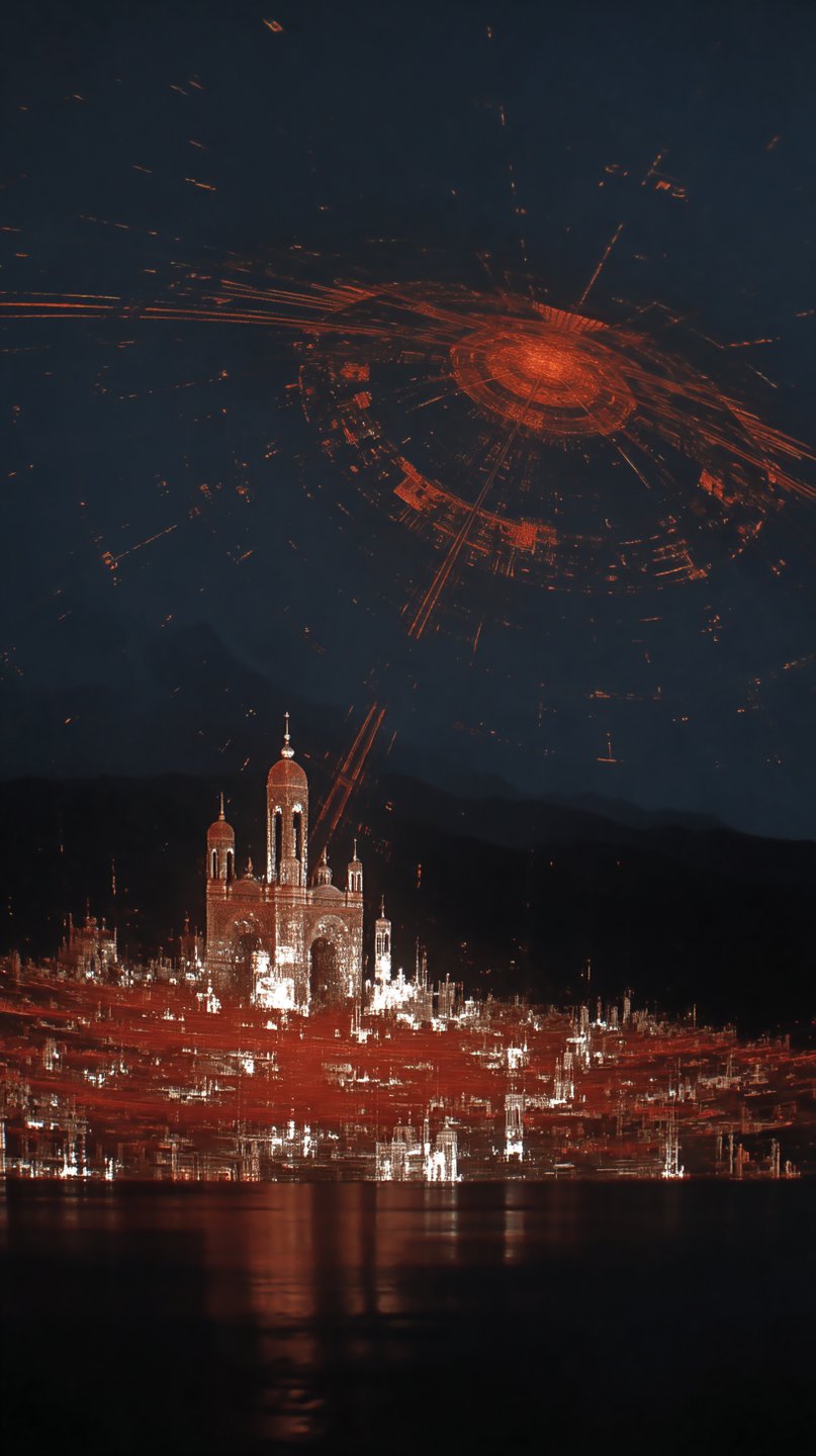 Glowing digital city with spires beneath a massive orange orbital ring reflecting on calm water at night.