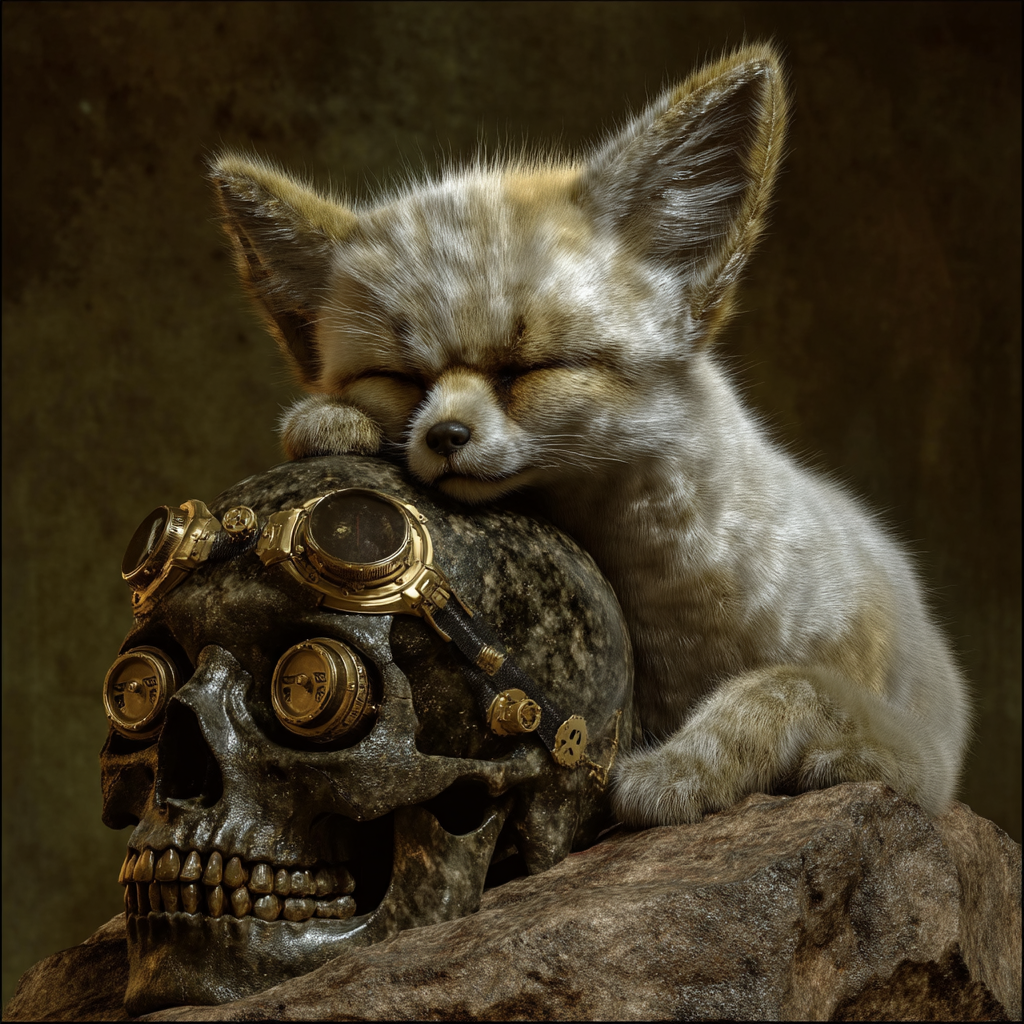 A sleeping fennec fox cub rests peacefully atop a weathered human skull fitted with intricate brass steampunk goggles against a dark, textured background.