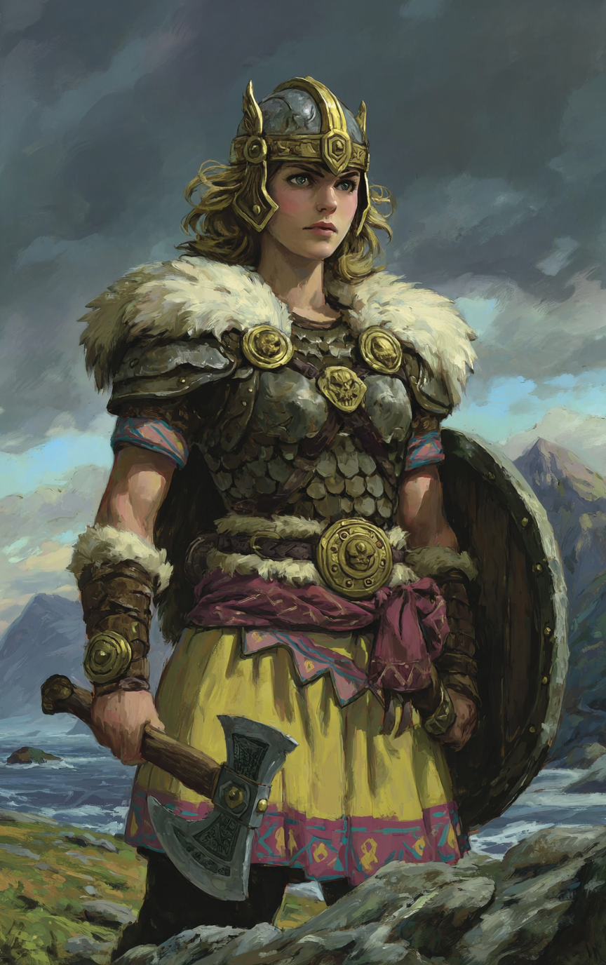 Female warrior in winged helmet and scale armor stands on rocky cliffs holding a battle axe.