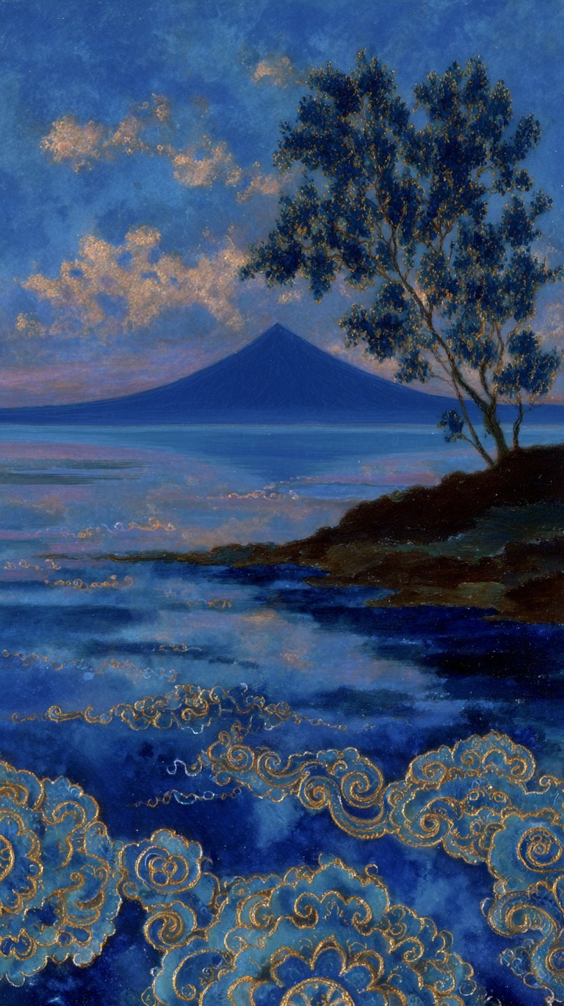 A stylized indigo mountain rises behind a golden-rimmed shoreline with a solitary tree and swirling clouds.