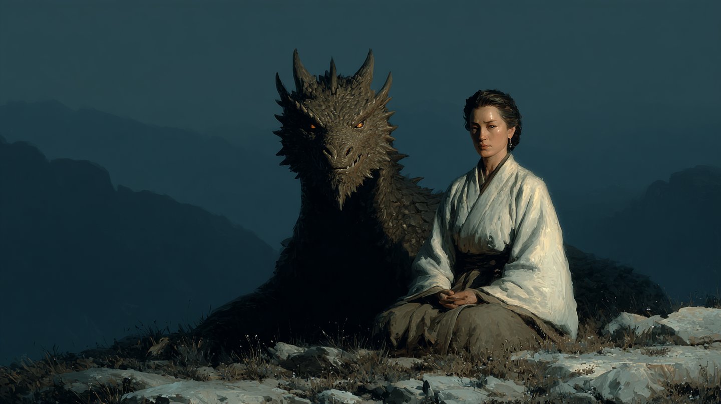 A woman in traditional cream-colored robes sits beside a large spined dragon on a rocky mountain ridge.