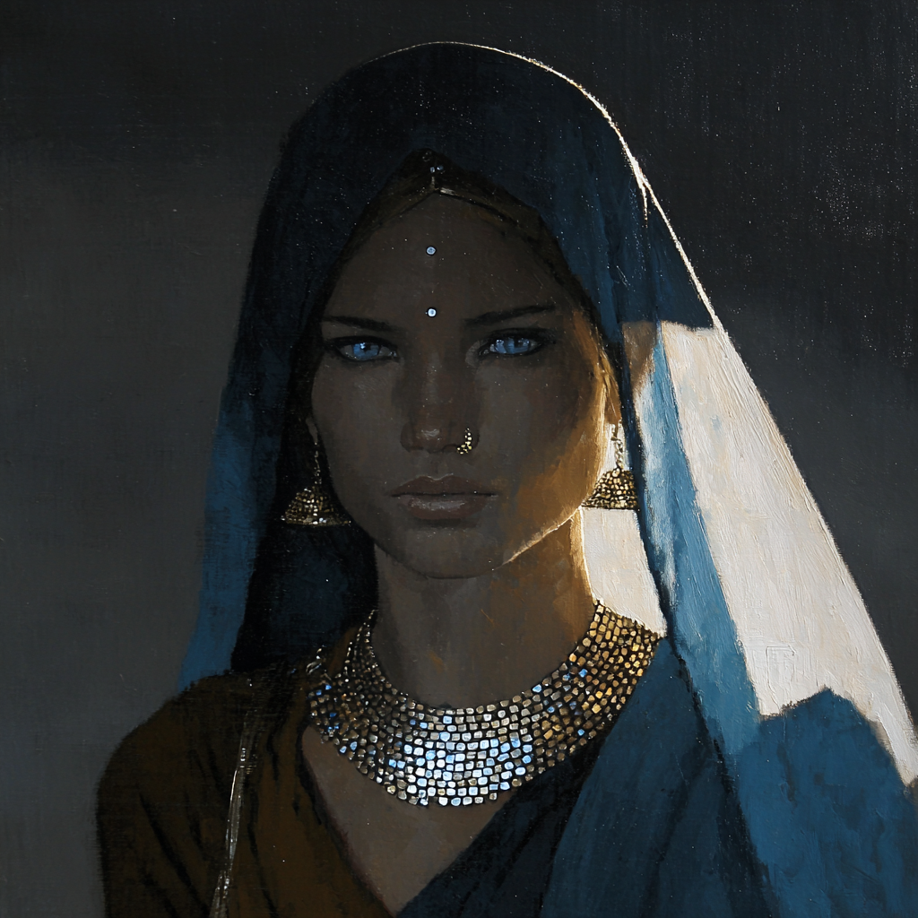 A woman in a blue headscarf and ornate jewelry gazes intensely under dramatic side lighting.