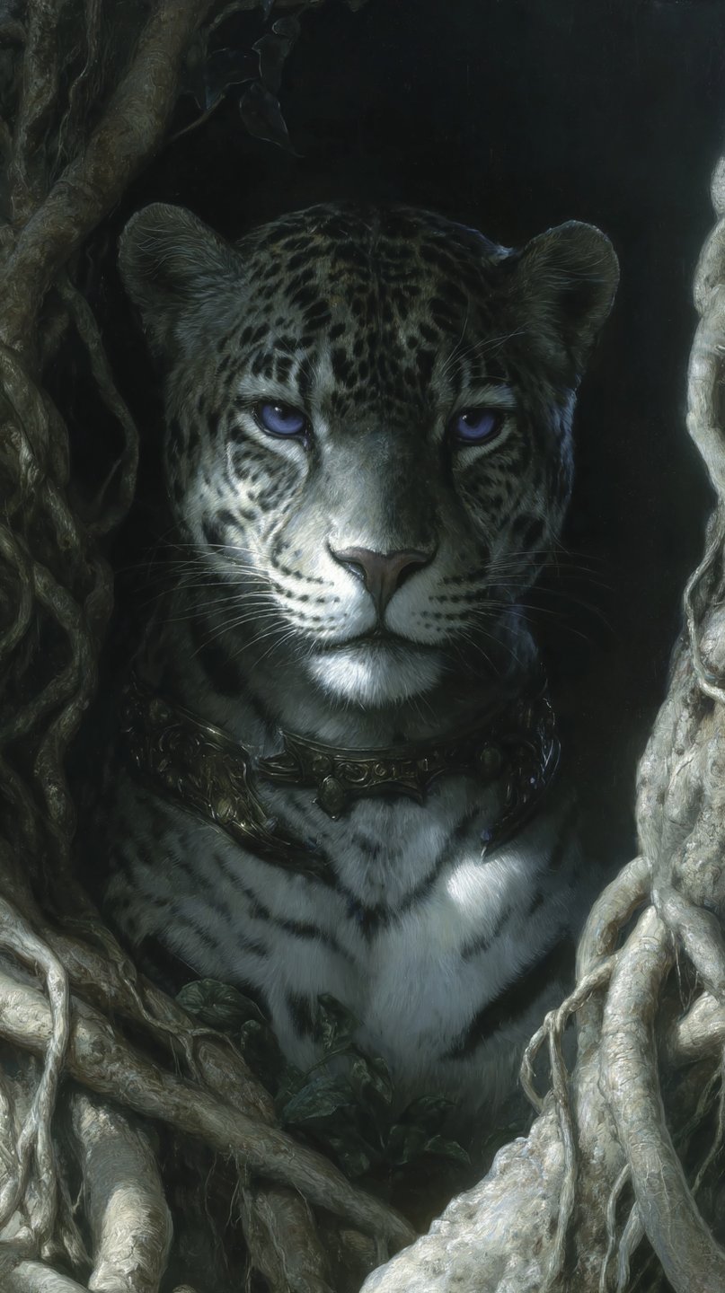 Snow leopard with violet eyes wearing an ornate metal collar, framed by thick gnarled tree roots.