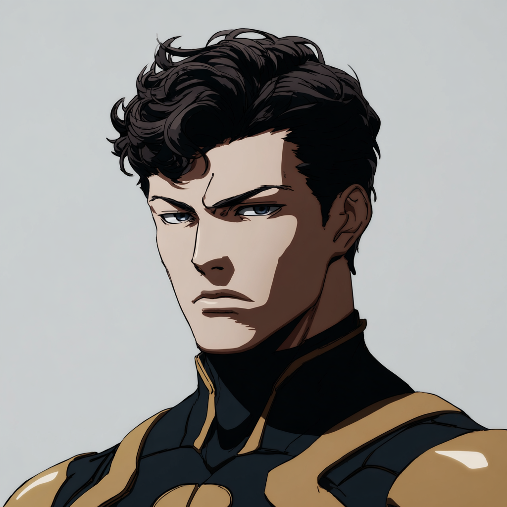 Serious male anime character with dark wavy hair and blue eyes wearing black and gold armor.