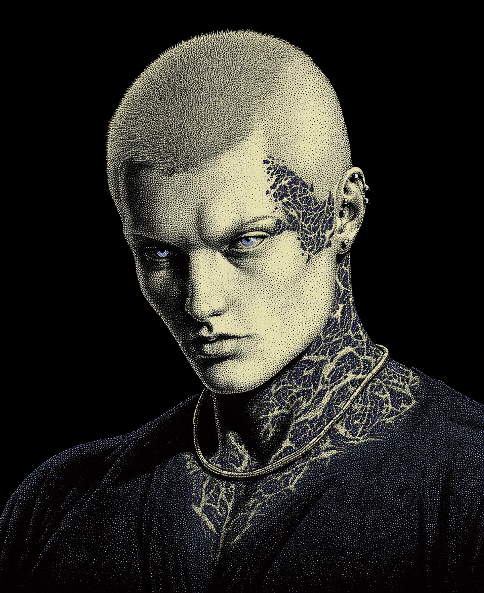 High-contrast stippled portrait of a man with a buzz cut, piercing blue eyes, and intricate organic tattoos covering his face and neck against black background.