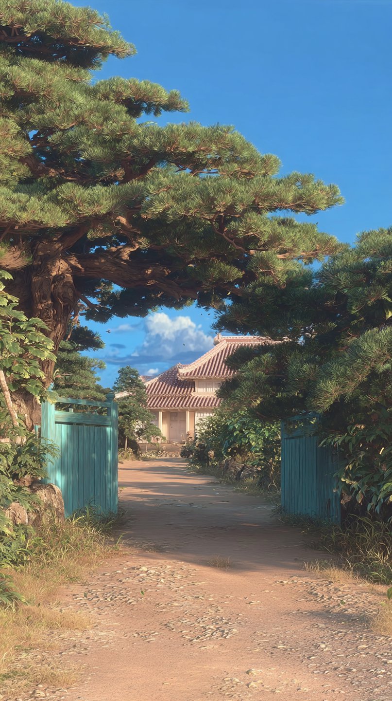 An open turquoise gate leads down a dirt path toward a traditional Japanese house under large pine trees.