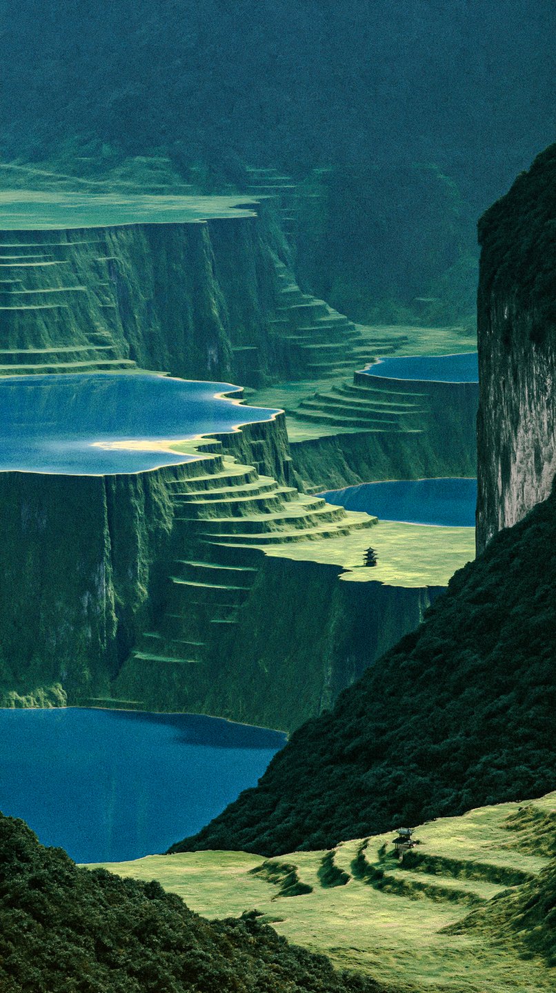 Terraced green cliffs featuring clear blue pools of water and a small isolated pagoda structure.