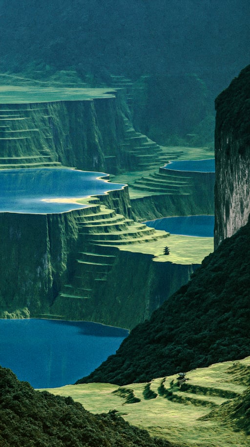 Terraced green cliffs featuring clear blue pools of water and a small isolated pagoda structure.