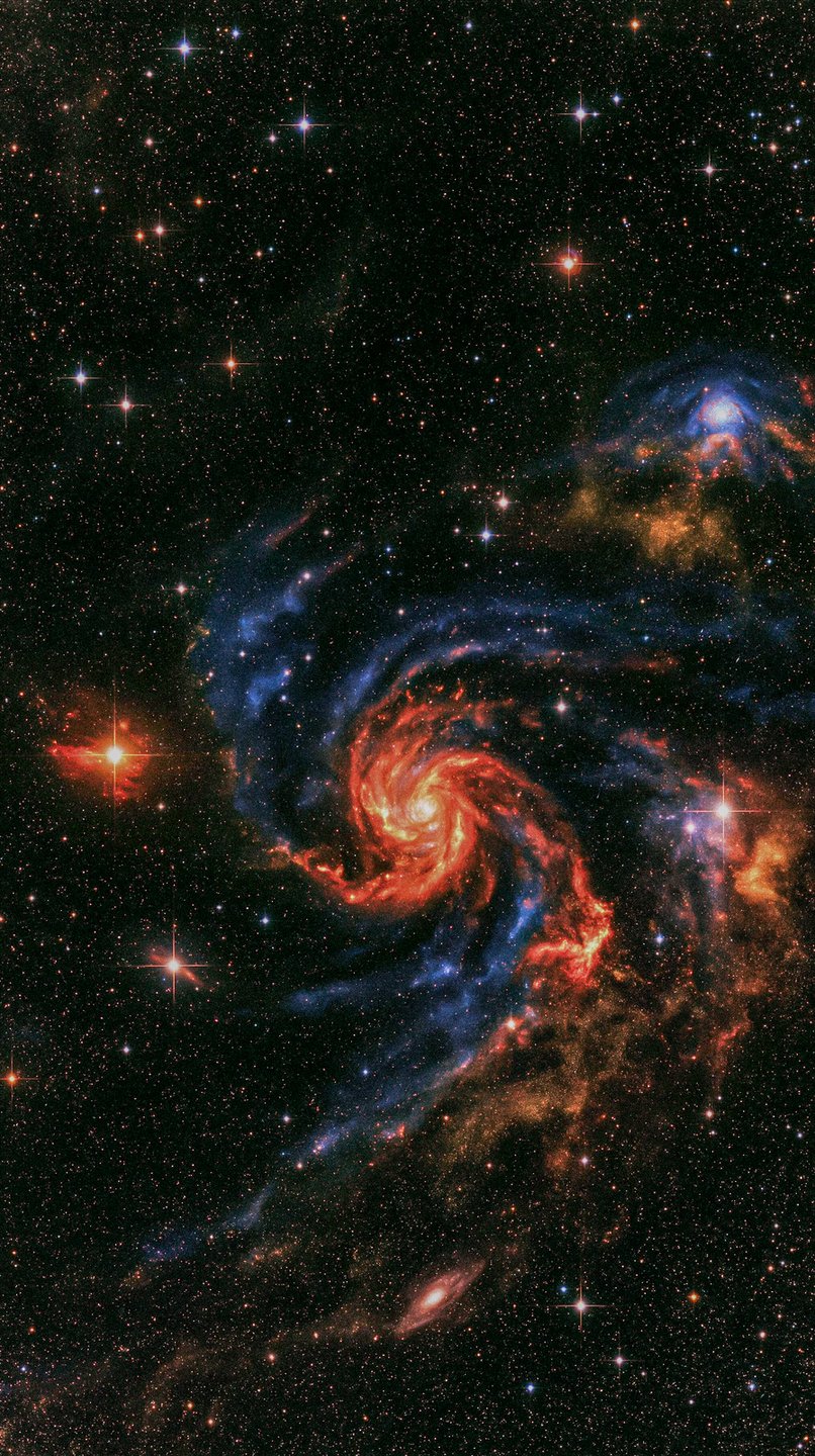 A colorful spiral galaxy with a fiery orange center and blue outer arms surrounded by bright stars.
