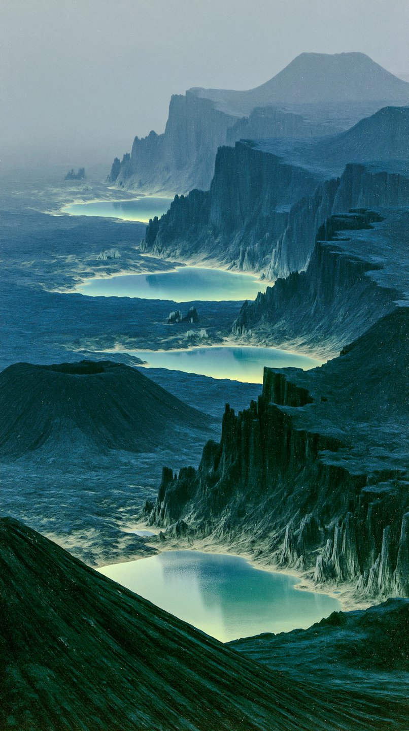 Towering basalt cliffs frame glowing turquoise pools cascading down a hazy alien planetary coastline.